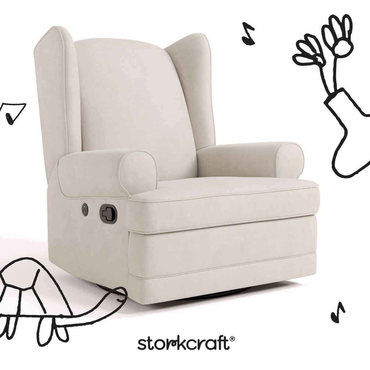 Storkcraft Serenity Glider Recliner Nursery Chair with USB Charging Port (Ivory) – Premium Upholstered Nursery Glider Recliner with Manual Recline Function, Dual USB Charging Storkcraft
