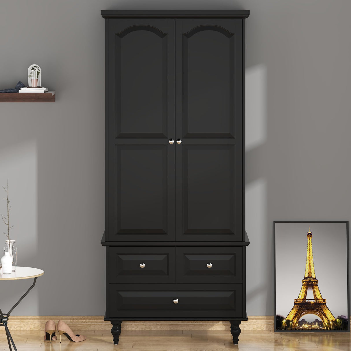 FUNISIR Bedroom Wardrobe Cabinet with 2 Doors, Wood Armoire Closet with Hanging Rod, Wardrobe Closet with 3 Drawers & Multi-Shelves for Clothes Organize, Black (19.7" D x 31.5" W x 70.9" H) FUNISIR