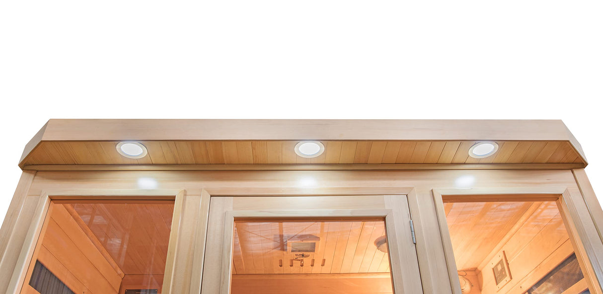 Heat Wave 4 Person Sauna Hemlock Wood Sonoma 9 Carbon Infrared Heaters MP3 Player Chromo Therapy Lighting 120V 2100W Heat Wave