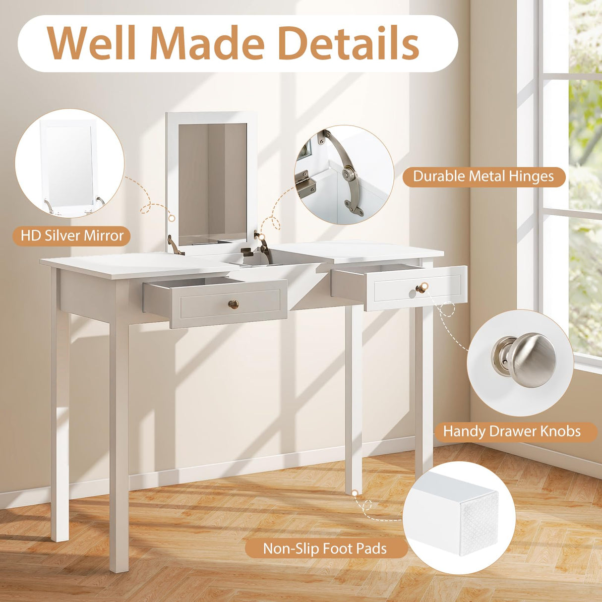 COSTWAY Vanity Desk with Flip Top Mirror, Dressing Table with 2 Drawers & 9 Storage Compartments, 44’’ Modern Makeup Desk for Girls Women Bedroom Dressing Room, White COSTWAY