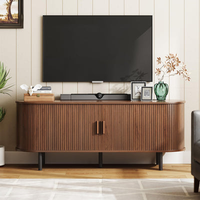 ONBRILL 55" TV Stand with Power Outlet for TVs up to 60 Inch, Entertainment Center with Storage and Adjustable Shelves, Modern Media Console with Sliding Doors for Living Room, Walnut