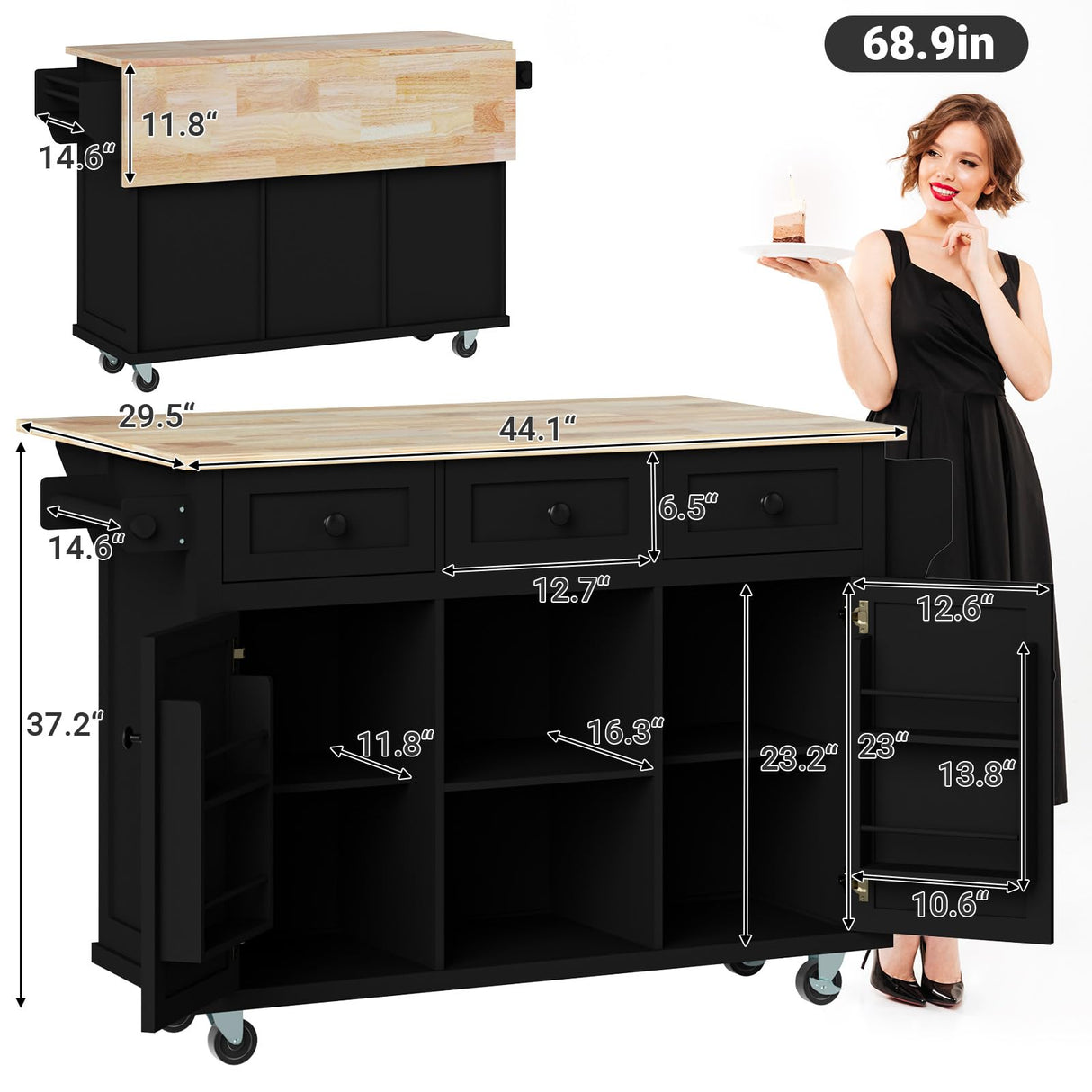 Rovibek 53in Mobile Kitchen Island with Drop Leaf, Storage Drawers, and Spice Rack in Jet Black Rovibek