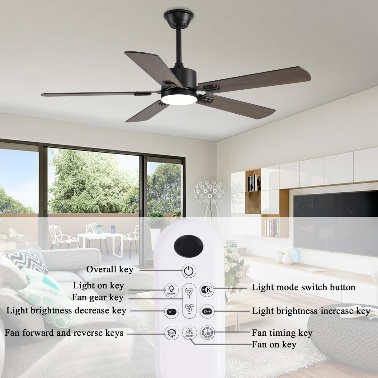 FUMLTP 52 inch Modern Ceiling Fans with Lights APP/Remote Control, Low Profile Reversible 6 Speeds Dimmable Ceiling Fan Light for Indoor/Outdoor Bedroom Living Room(Brown) FUMLTP