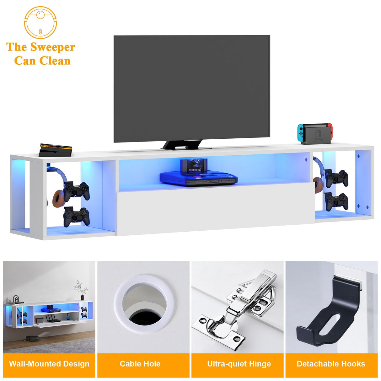 SogesPower Floating TV Stand Wall Mounted with Lights,LED TV Stand Floating Entertainment Center with Storage for Bedroom Living Room,Modern Floating Shelf for Under TV,White 55" SogesPower