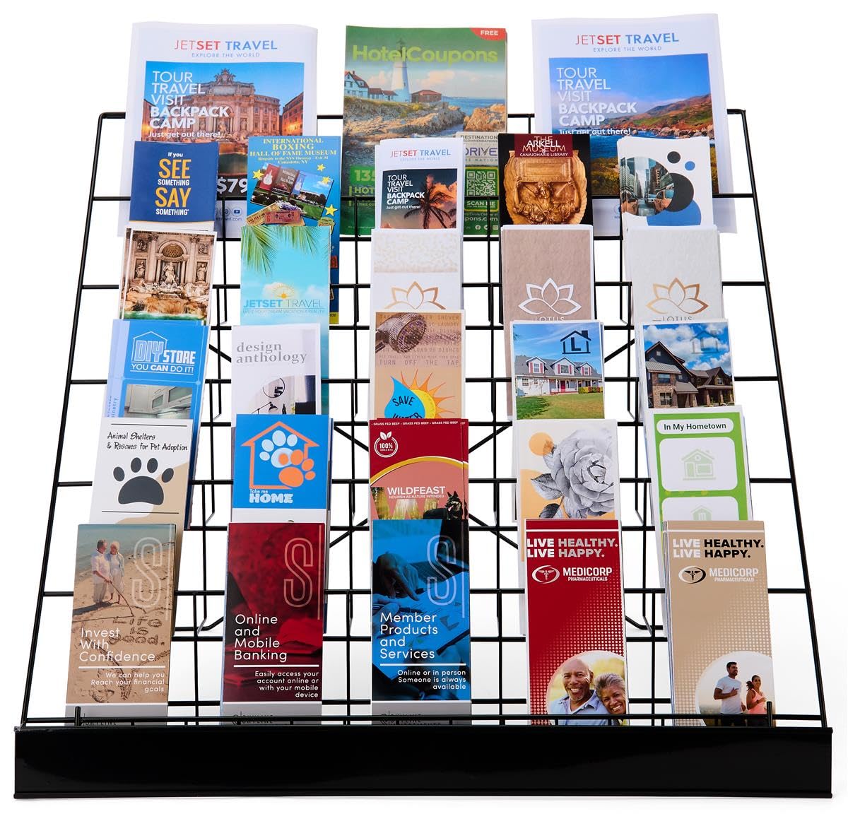 Wire Display Rack for Countertop Use, 6 Open Tiers Accommodate Literature of Varying Sizes, Includes Sign Channel - Black Displays2go