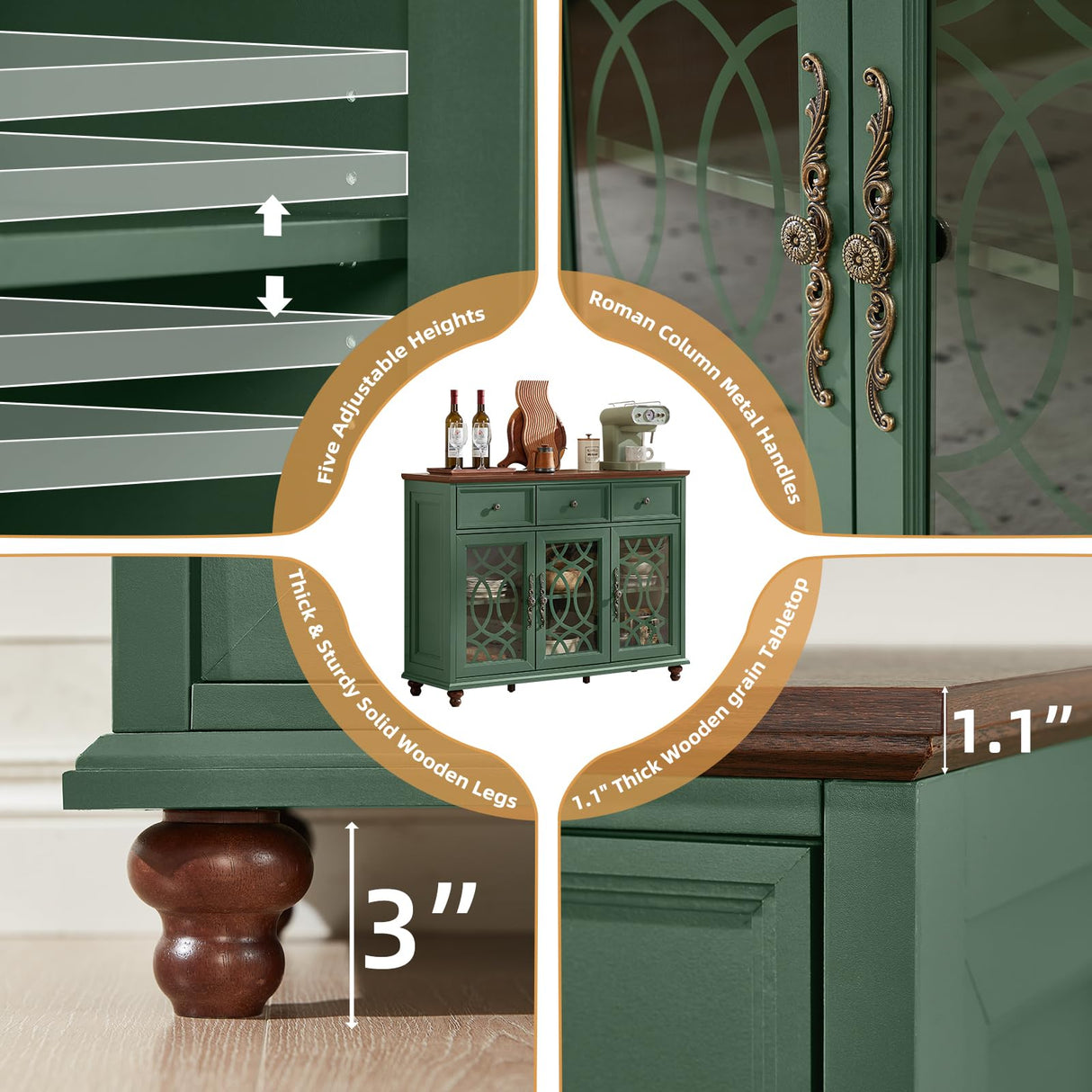 Joaxswe Farmhouse Sideboard Buffet Cabinet with Storage,48" Large Credenza with 3 Glass Doors & 3 Drawers,Adjustable Shelves Console Table,Wood Kitchen Coffee Bar for Dining Room,Living Room,Green Joaxswe