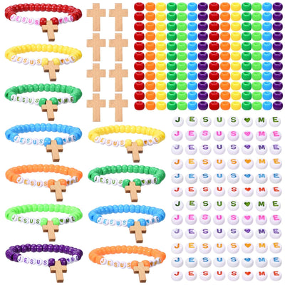Sanixin 32 Set Jesus Love Me Faith DIY Bead Craft Kit Making Religious Bracelet Beads for VBS Week Sunday School Bible Verse Gifts Wooden Cross Bracelet Craft Kit