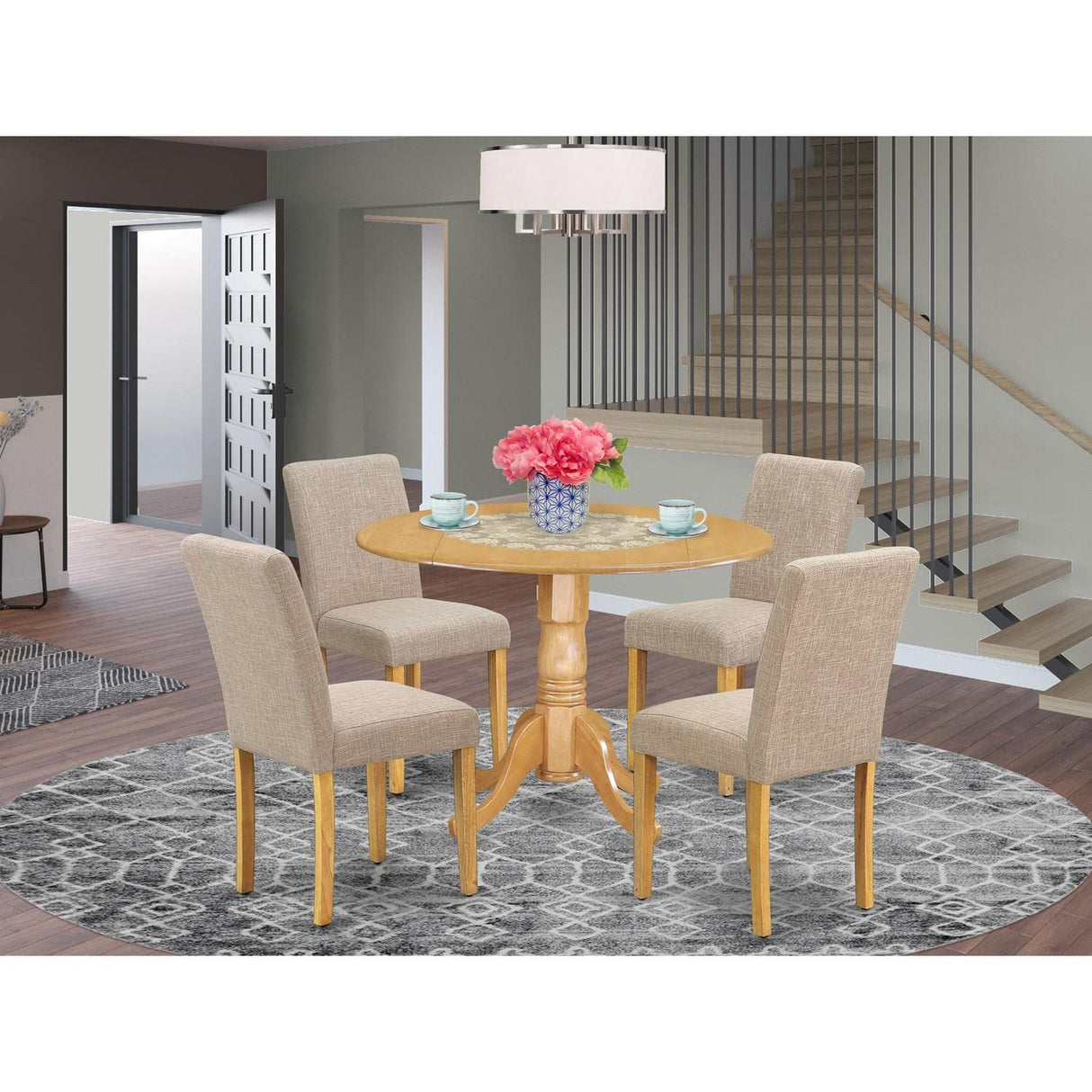 East West Furniture DLAB5-OAK-04 5 Piece Dinette Set for 4 Includes a Round Dining Room Table with Dropleaf and 4 Light Tan Linen Fabric Parsons Dining Chairs, 42x42 Inch, Oak East West Furniture