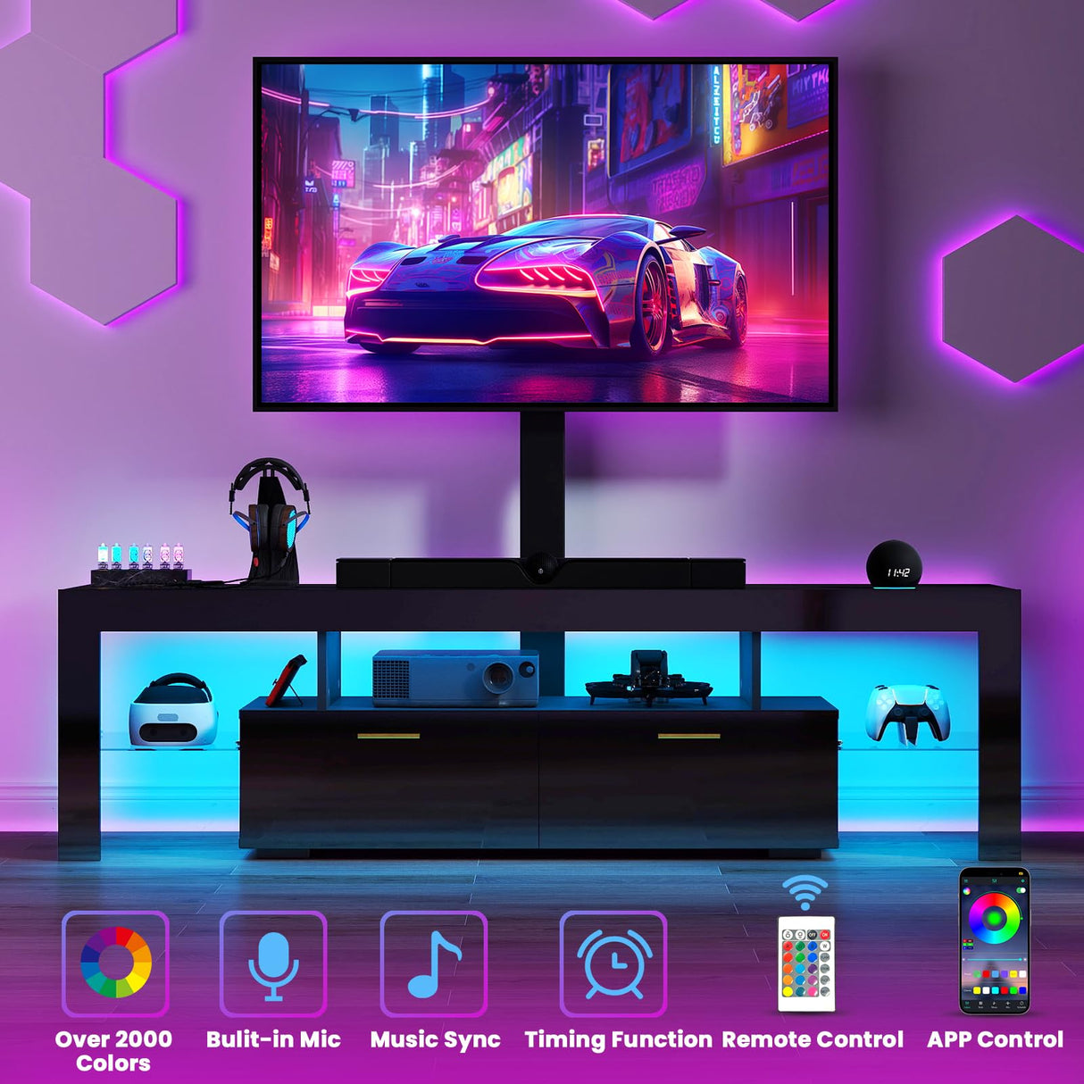 Lamtor TV-Stand with Mount 75 inch - LED TV Stand with Power Outlet & Drawers, Modern Entertainment Center with Mount for Living Room, Bedroom, Black Lamtor