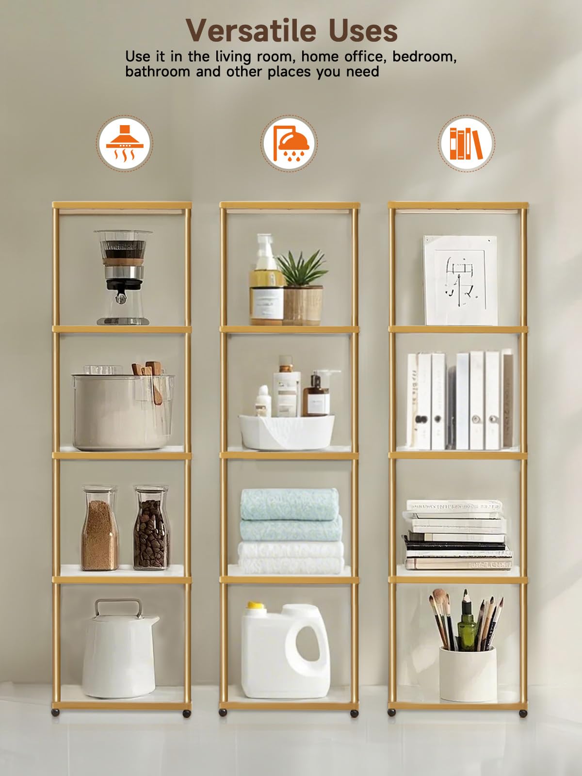 MANBUR Display Shelf with Dimmable LED Floor Lamp, Display Cabinet with Glass Bookcase, Home Decor, Bedroom Decor, Bookshelf with Light, Open Book Shelf with 5-Tier Shelf for Living Room Decor Gold MANBUR