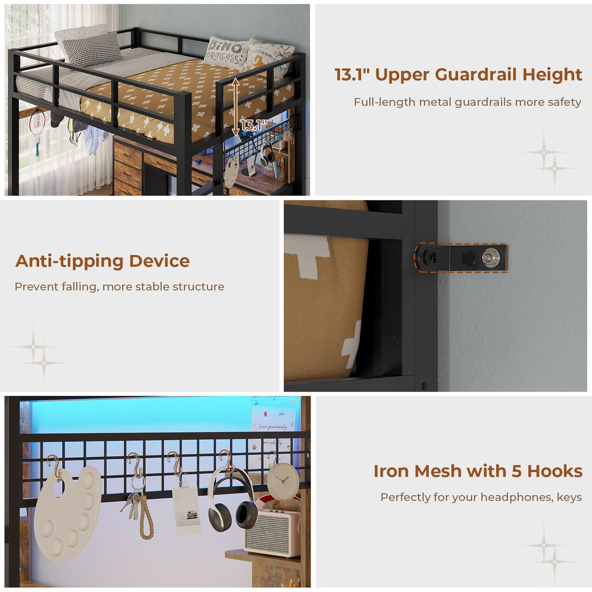 BTHFST Loft Bed with Desk, Full Metal Loft Bed with 8 Drawers Storage & Charging Station & LED Lights, 4 Open Storage Shelves, Noise-Free, Space-Saving, No Box Spring Needed BTHFST