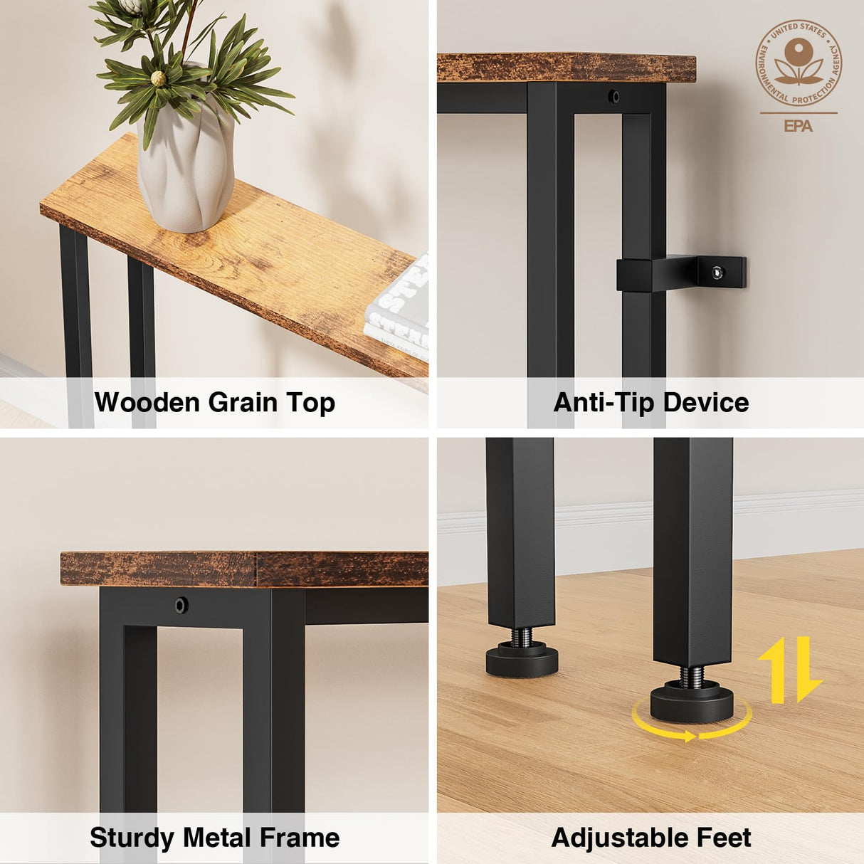 Keelian 78" Narrow Console Sofa Table - 2 Power Outlets & 2 USB Ports, Metal Frame, Rustic Brown, Perfect for Hallway, Office, and Behind Sofa - Easy Assembly, 4.9" Extension Cord Included Keelian