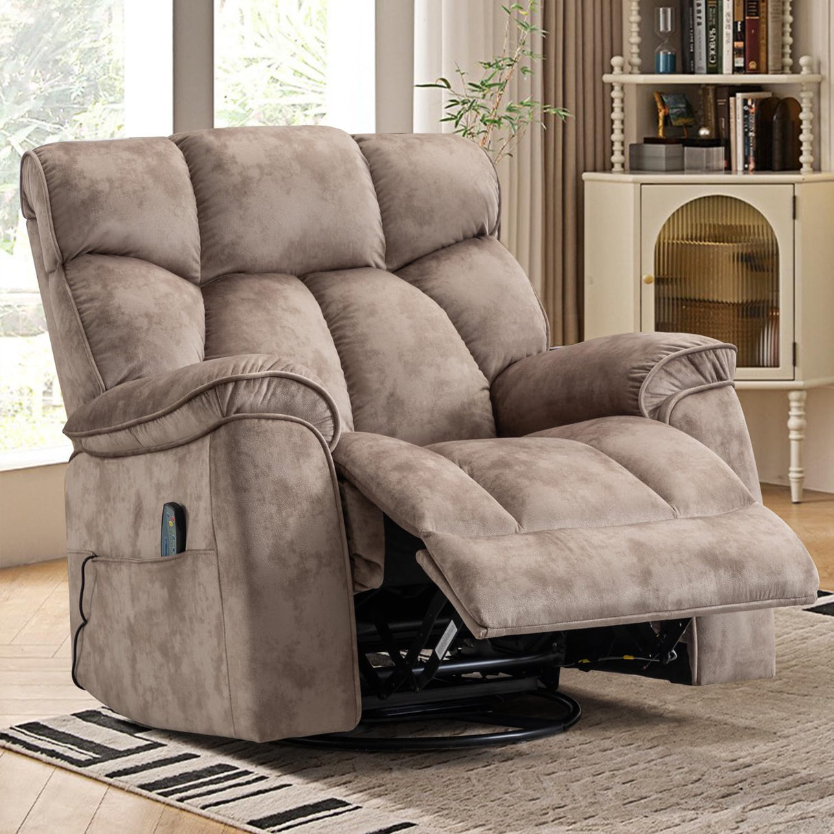 INZOY Oversized Rocker Recliner with Heat and Vibration, Manual Swivel Rocking Recliner Chair with Vibrating Massage, Comfy Padded Overstuffed Soft Fabric Heated Recliner,Camel INZOY