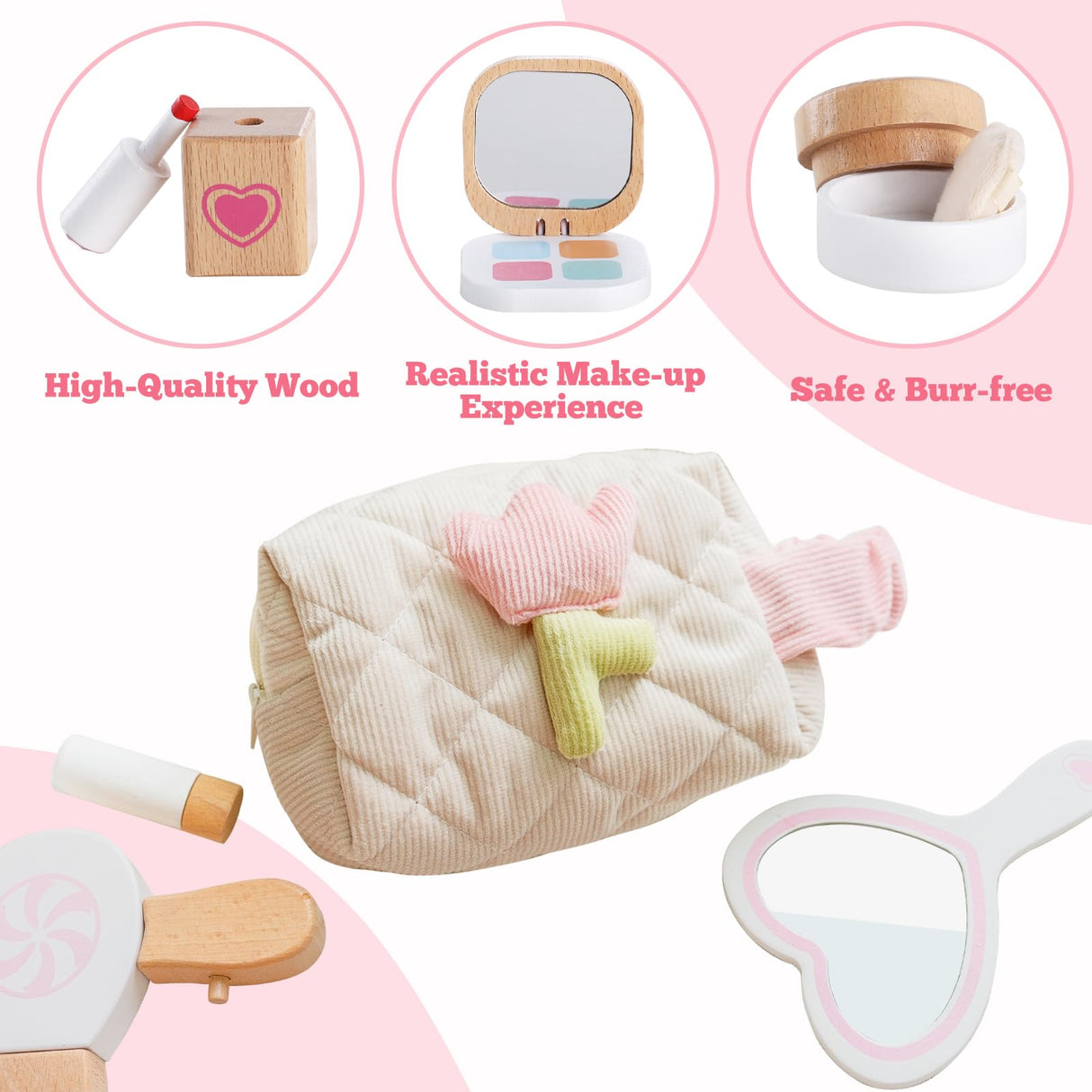 16Pcs Wooden Makeup Kit Toy for Toddlers, Pretend Play Beauty Salon Set with Styling Tools, Cosmetics and Storage Bag for Kids Age 3+ Gserin