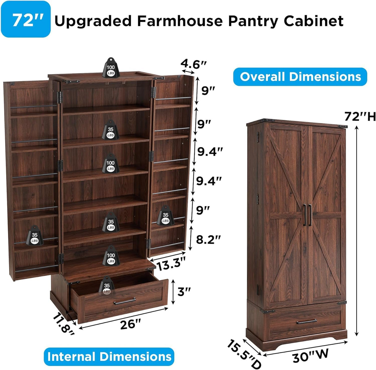ACCOHOHO 72‘’ Farmhouse Kitchen Pantry Cabinet with Drawer, Tall Storage Cabinet with 2 Barn Doors and Shelves, Versatile Large Rustic Cabinet for Dining Room, Bathroom, Living Room, Laudry, Brown ACCOHOHO