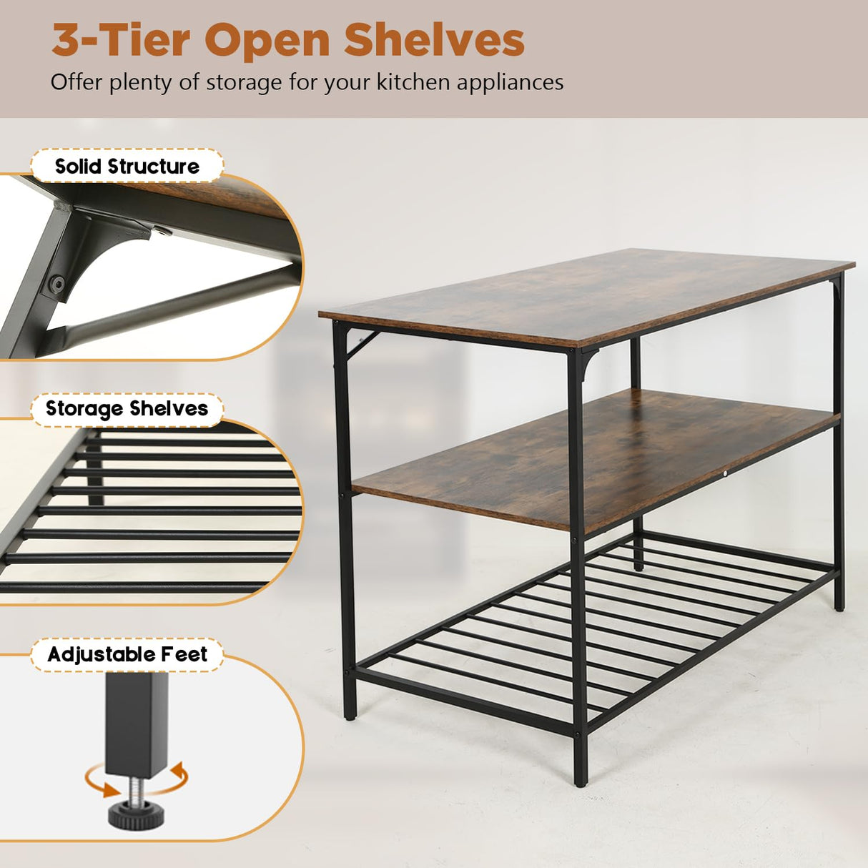 PayLessHere 3 Tier Kitchen Island Kitchen Storage Kitchen Counter with Large Storage Space Thick Board Top Solid Structure for Kitchen Coffee Shop Restaurant Living Room Dinning Room,Brown PayLessHere