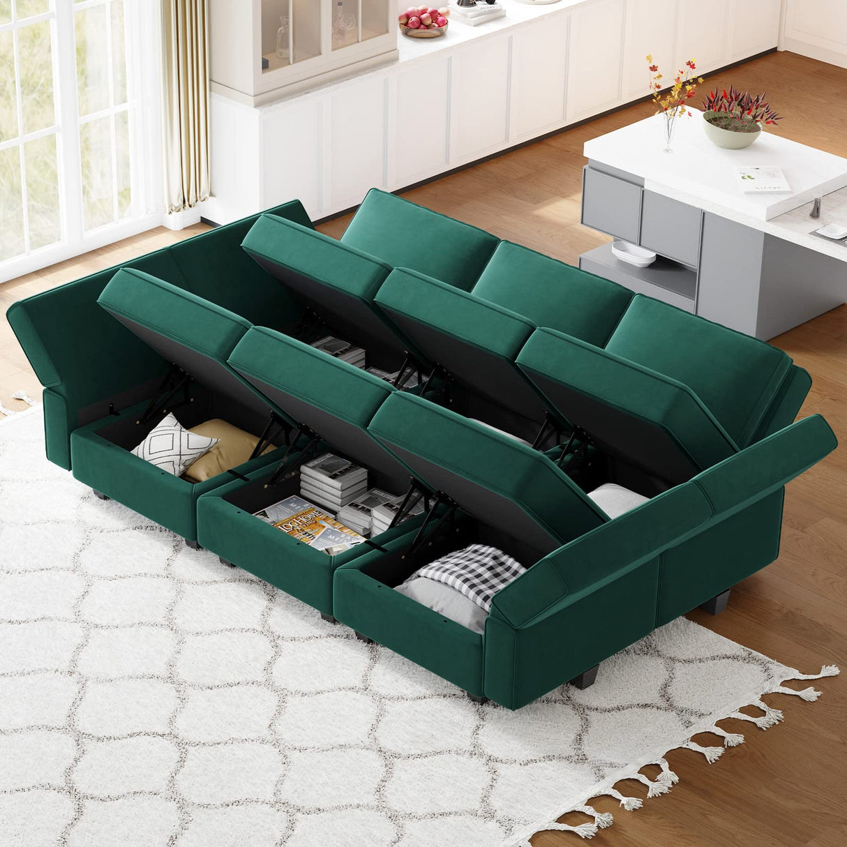 Belffin Modular Velvet Sectional Sofa with Chaise Lounge Sectional Sleeper Sofa with Storage Chaise Bed Couch for Living Room Green Belffin