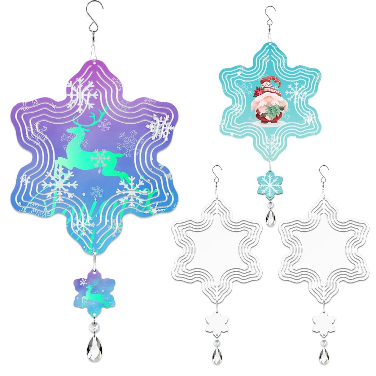 WindMage 4Pack 8inch Sublimation Wind Spinner Blanks 3D Aluminum Metal Wind Sculpture Kinetic Spinners for Yard and Garden Indoor Art Sublimation Christmas Ornament Hanging Decoration (Snowflake) WindMage