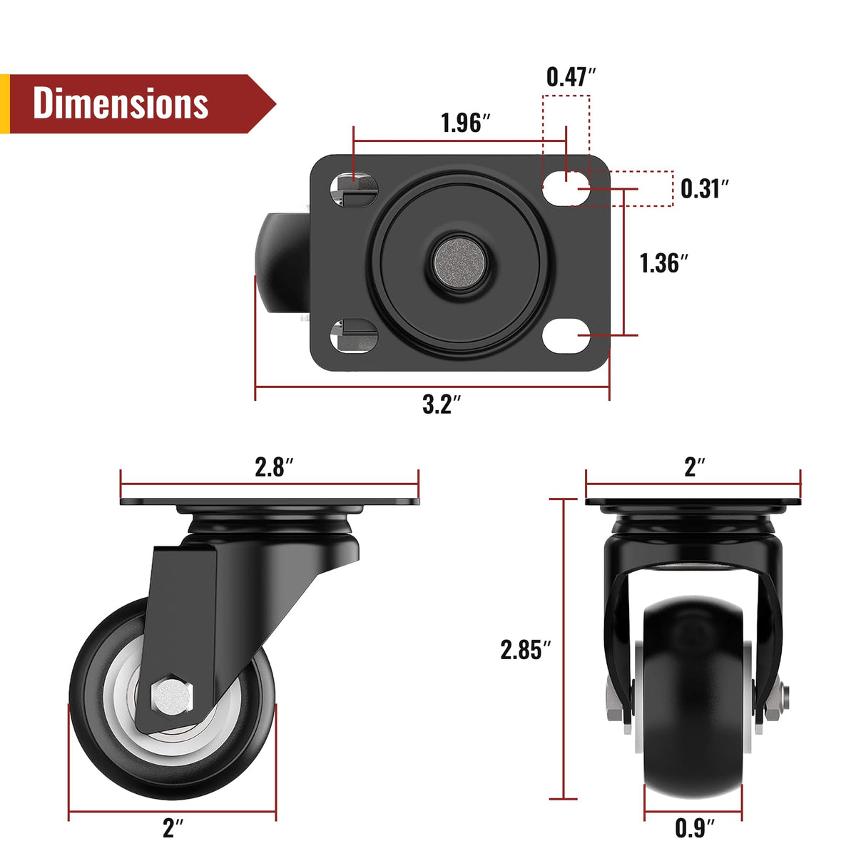 2 inch Swivel Caster Wheels Without Brake and No Noise Wheels, Heavy Duty Casters Total Capacity 600lbs (Pack of 4) HOLKIE
