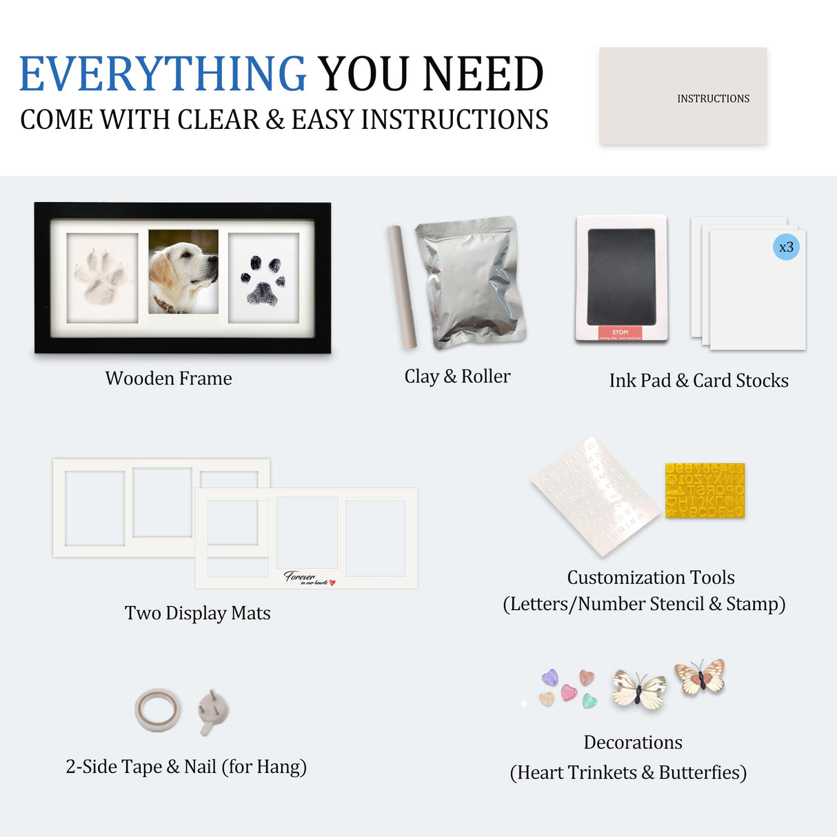 MYPAWLETS Paw Print Frame Kit,Dog/Cat Paw Print Kit,Soft Pawprint Clay&Clean Touch Ink Pad,Pet Paw Print Impression Kit with Customization Tool,Wooden Pet Memorial Frame,DIY Dog Lover Gifts-Black MYPAWLETS