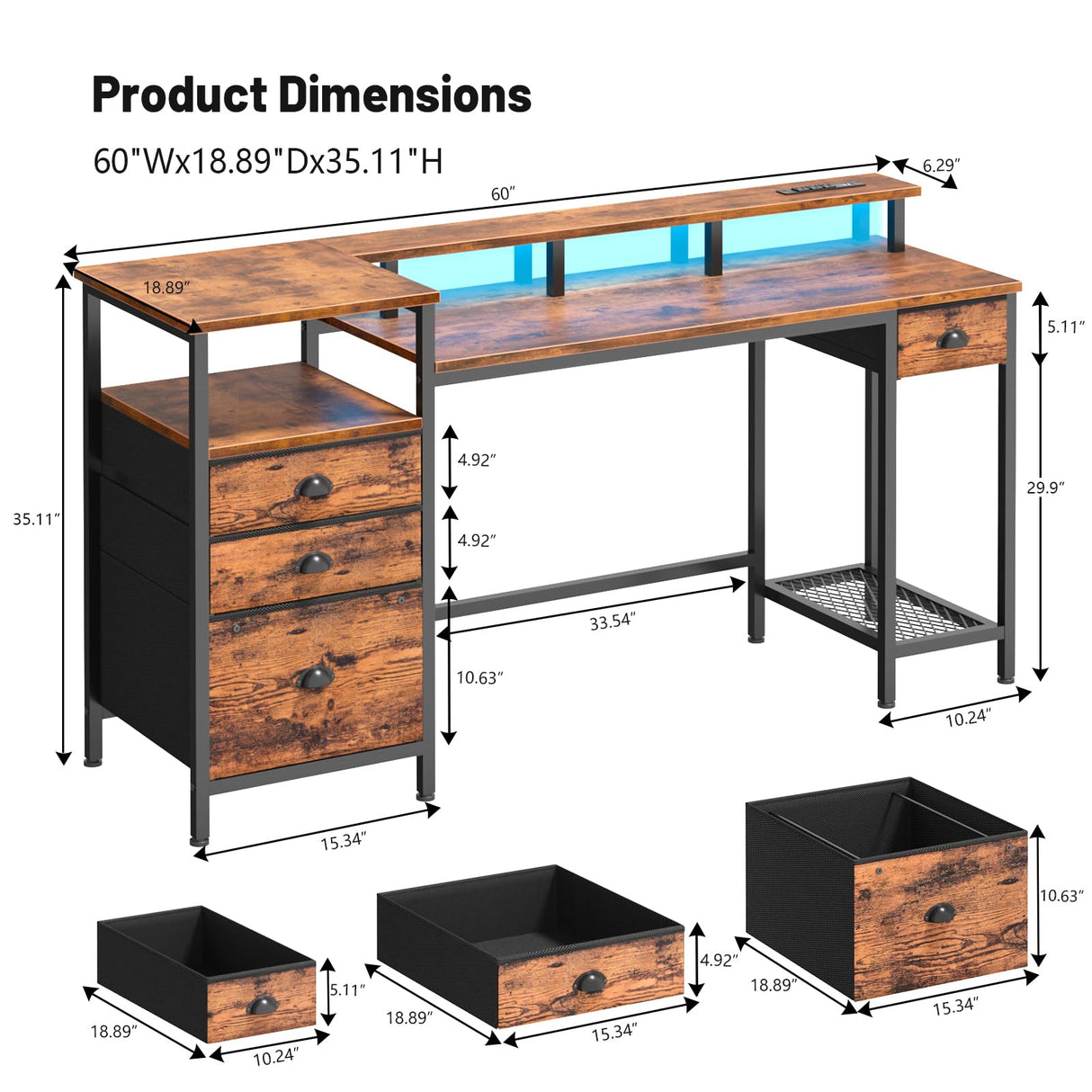 Furologee Computer Desk with Drawers, 60" Office Long Desk with Fabric File Cabinet and Power Outlets, Gaming Desk with LED Lights, Study Writing Work Desk for Home Office, Rustic Brown Furologee