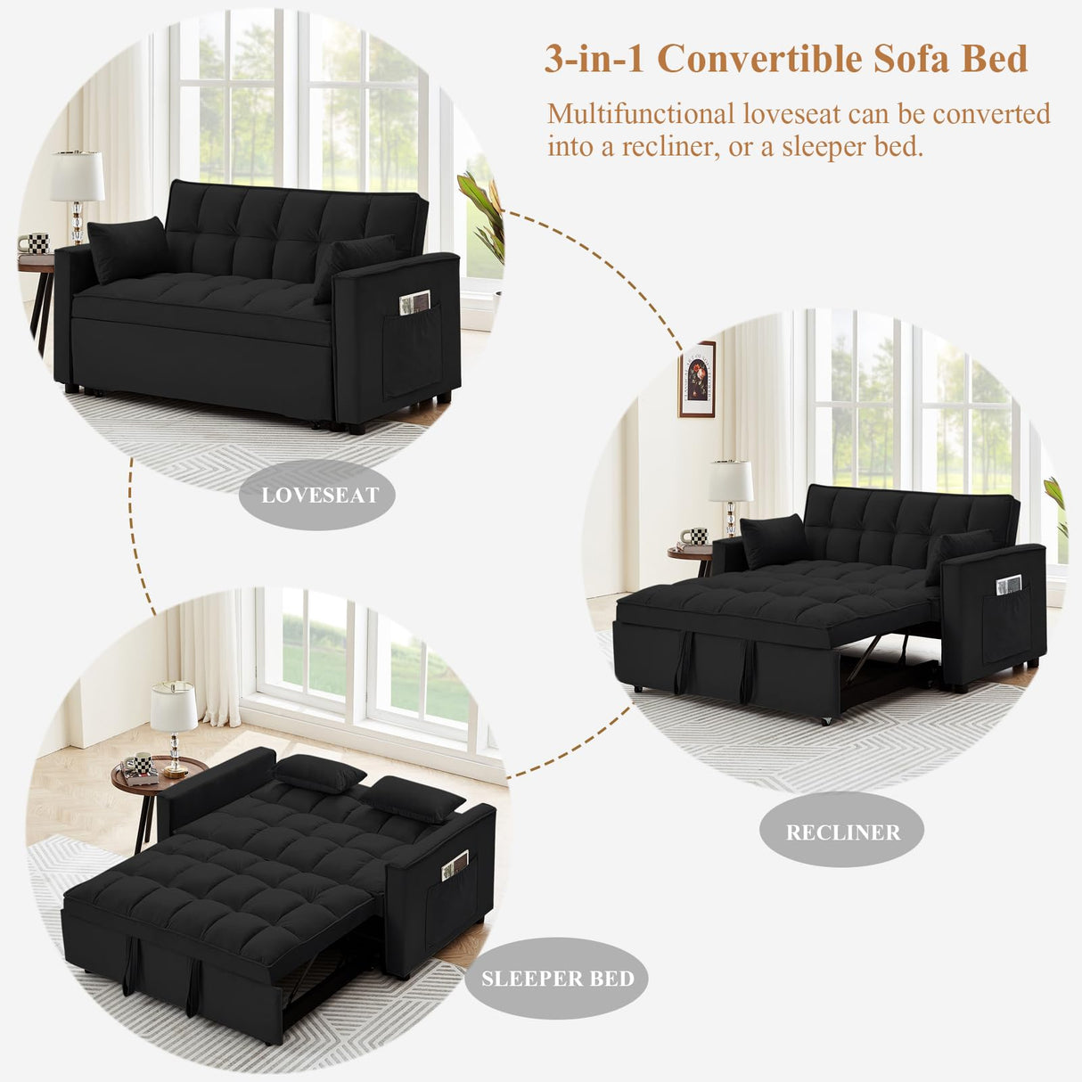 KIVENJAJA Convertible Sleeper Sofa Bed, Velvet Tufted Loveseat Couch with Pull Out Bed, Small Love Seat Futon Lounge Sofa Bed with 2 Pillows for Living Room Apartment, 55.2”W (Black) KIVENJAJA
