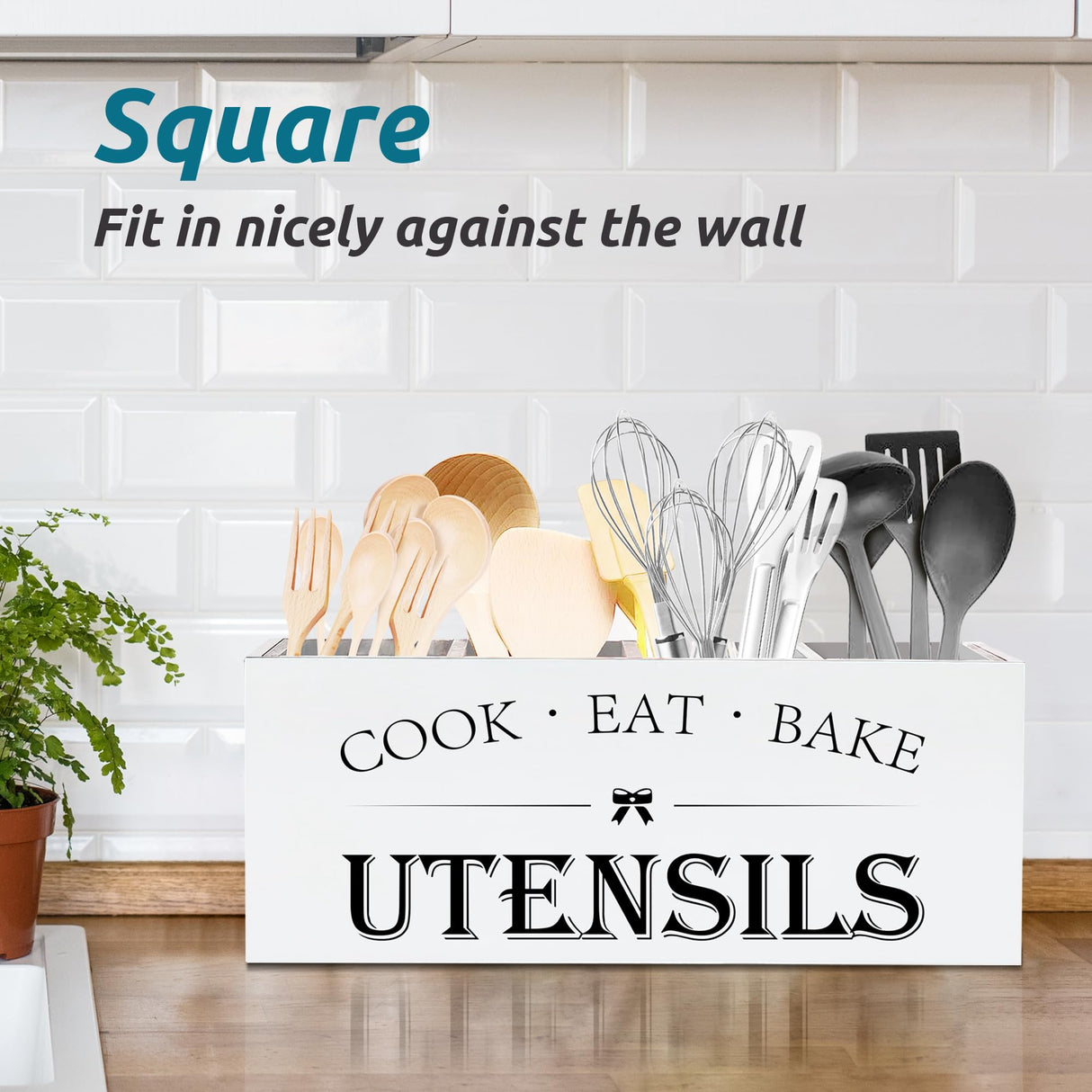 Suli Extra Large Kitchen Utensils Holder with 4 Compartments, Wooden Utensil Organizer for Kitchen Countertop, Farmhouse Kitchen Decor, Rustic Cooking Utensil - White Suli