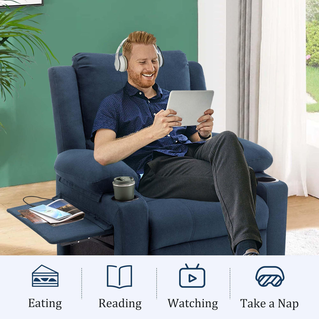 Power Recliner Chair Nursery Reclining Sofa Chair for Adults, Upholstered Heating Point Massage Theater Seating Single Sofa with Side Pockets Sidetable for Living Room-Blue Alunaune