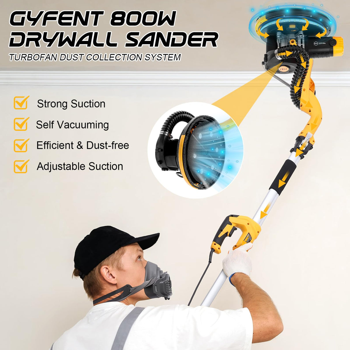 Gyfent Drywall Sander, 880W 7.3-Amp Popcorn Ceiling Removal Tool with 1100-2100RPM 5 Variable Speed 12pcs Sanding Discs Electric Drywall Sander with Vacuum Dust Collector LED Light for Ceiling Sanding Gyfent