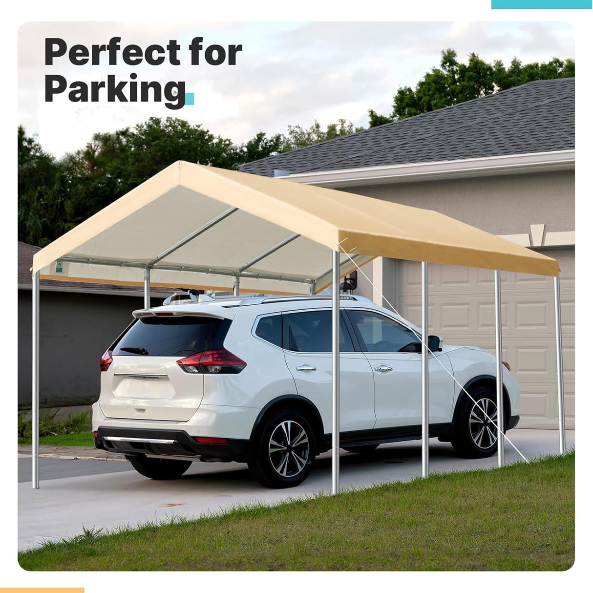 FORALEBEN Carport Replacement Canopy Cover for 12' x 20' Car Tent Top Garage Shelter Cover Tarp with Ball Bungees (Only Top Cover, Frame Not Include) (Beige, 12' x 20') FORALEBEN