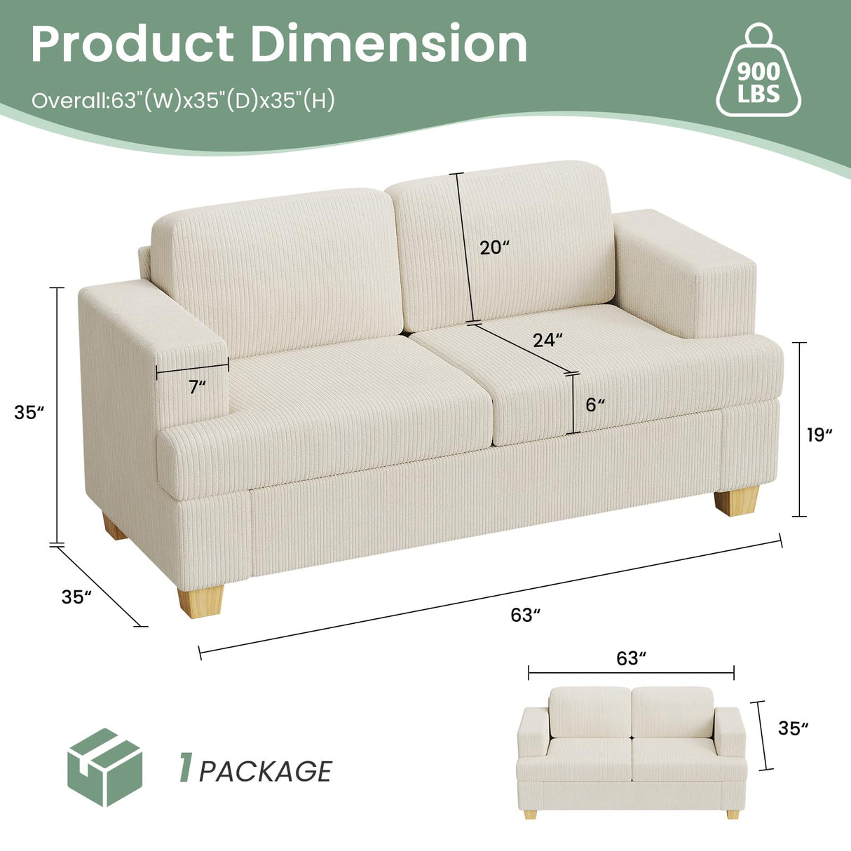 2 Pieces Corduroy Couch Set for Living Room, 5 Seats Cloud Sofa, Deep Seat Floor Couch for Bedroom, Futon Modern Sofa Bed, White Corduroy YOUDENOVA