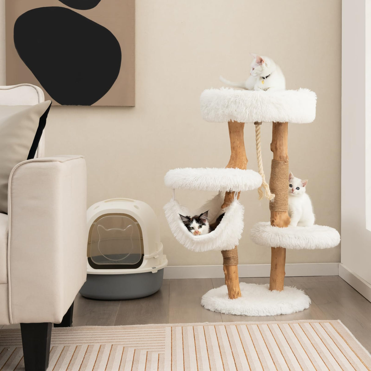 Tangkula Cat Tree Tower, Solid Wood Modern Cat Tower with Cozy Top Perch, 2 Platforms & 1 Hammock, Natural Branch Cute Cat Tree with Scratching Posts & Sisal Rope for Indoor Cats Tangkula