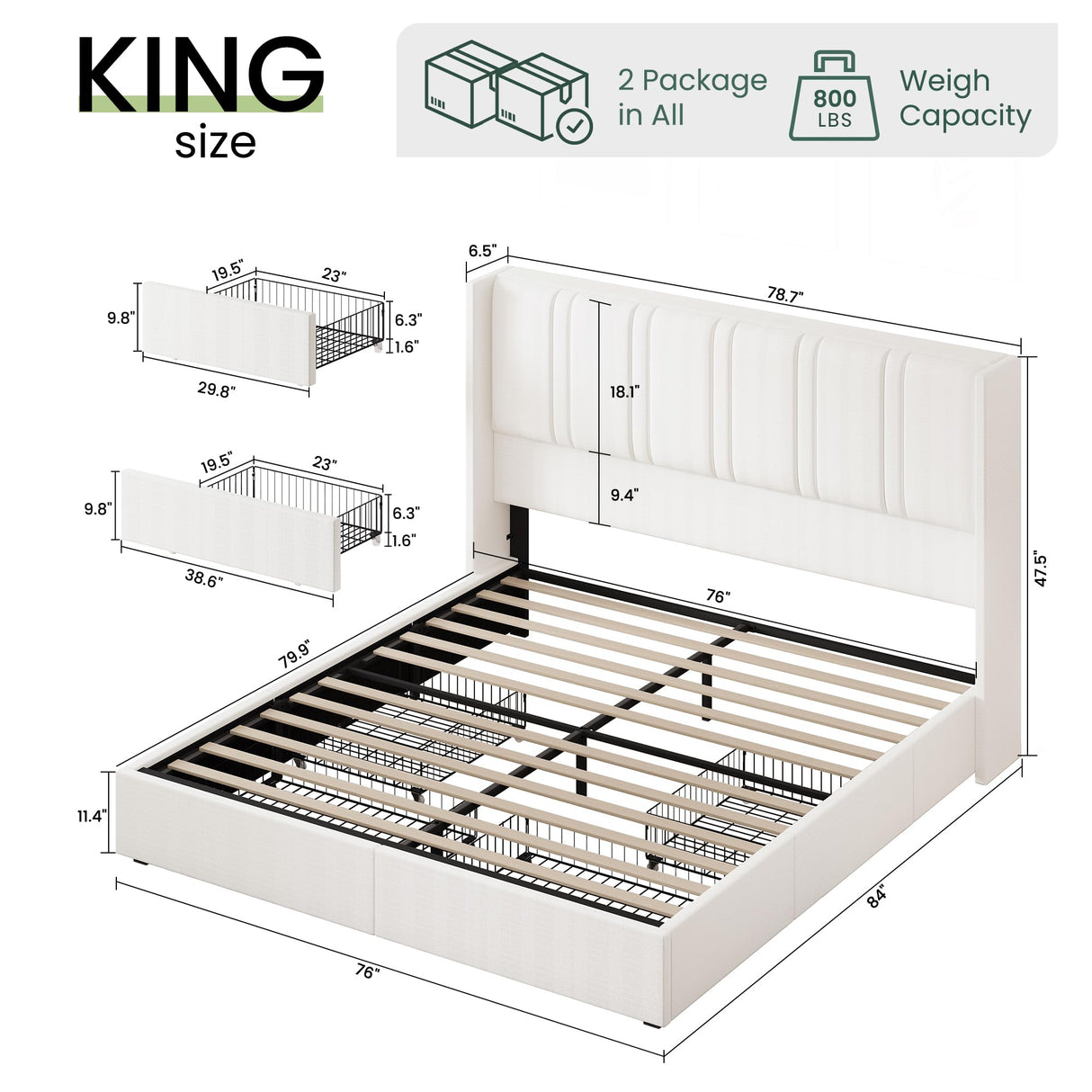 LARMACE King Size Bed Frame with 4 Storage Drawers and Wingback Headboard Linen Upholstered Platform Bed Frame with Wooden Slats, Easy Assembly, White LARMACE