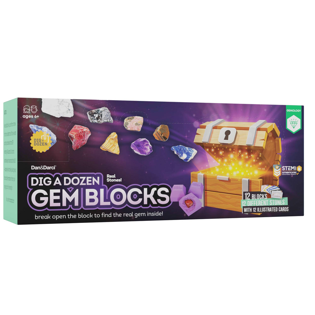Dan&Darci Dig a Dozen Gem Blocks Mining Kit for Kids - Discover 12 Unique Real Gemstones, Mineral, Rock, Crystals Collection - Archaeology Science Gift Toys Set for Boys & Girls Age 8-12 Gifts Dan&Darci