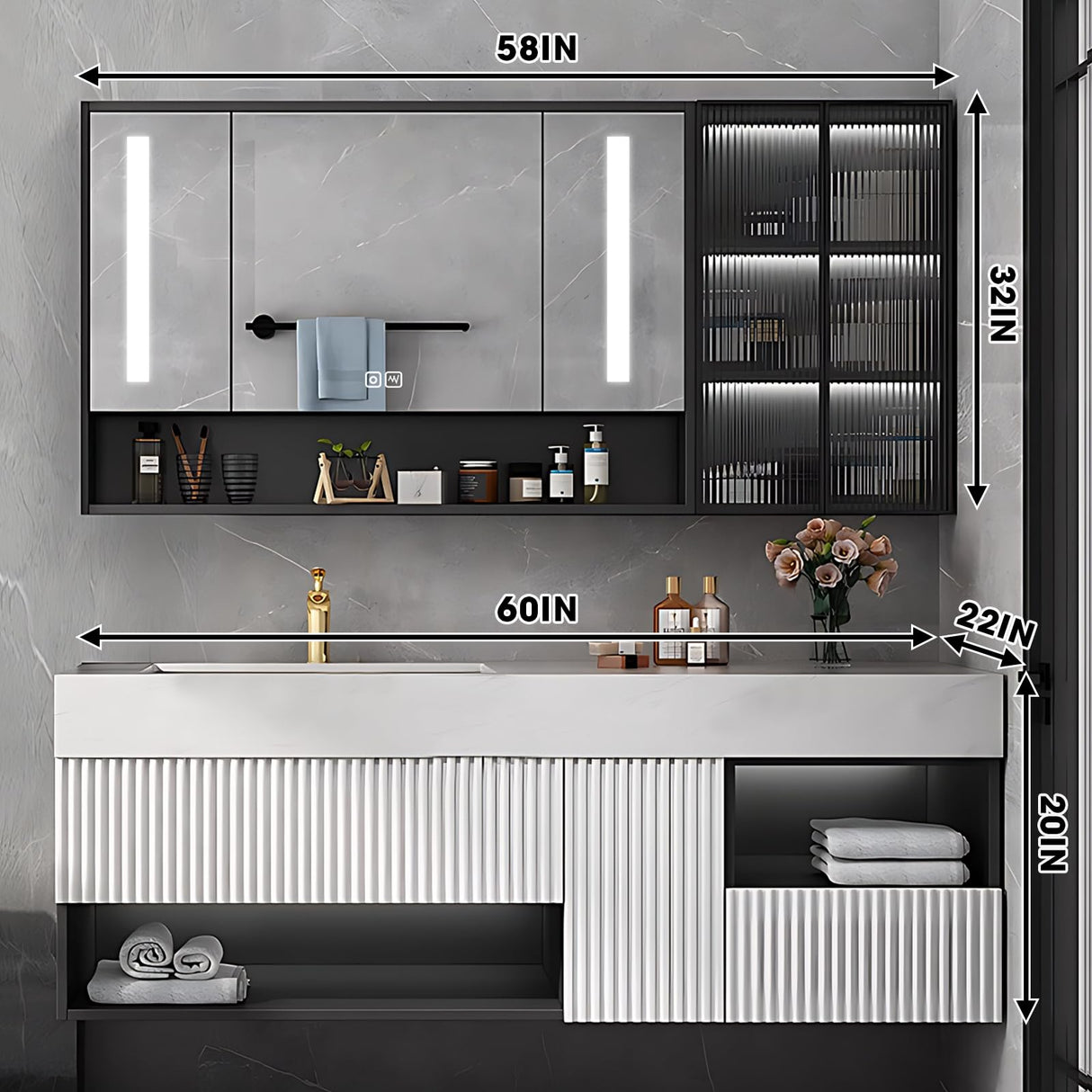 High QLO Bathroom Vanity -60'' Floating Bathroom Vanities with Sink Includes Striped Embossed Glass Door Cabinet & White Simple Unique Style | Marble Texture Design Countertop and Led Light High QLO