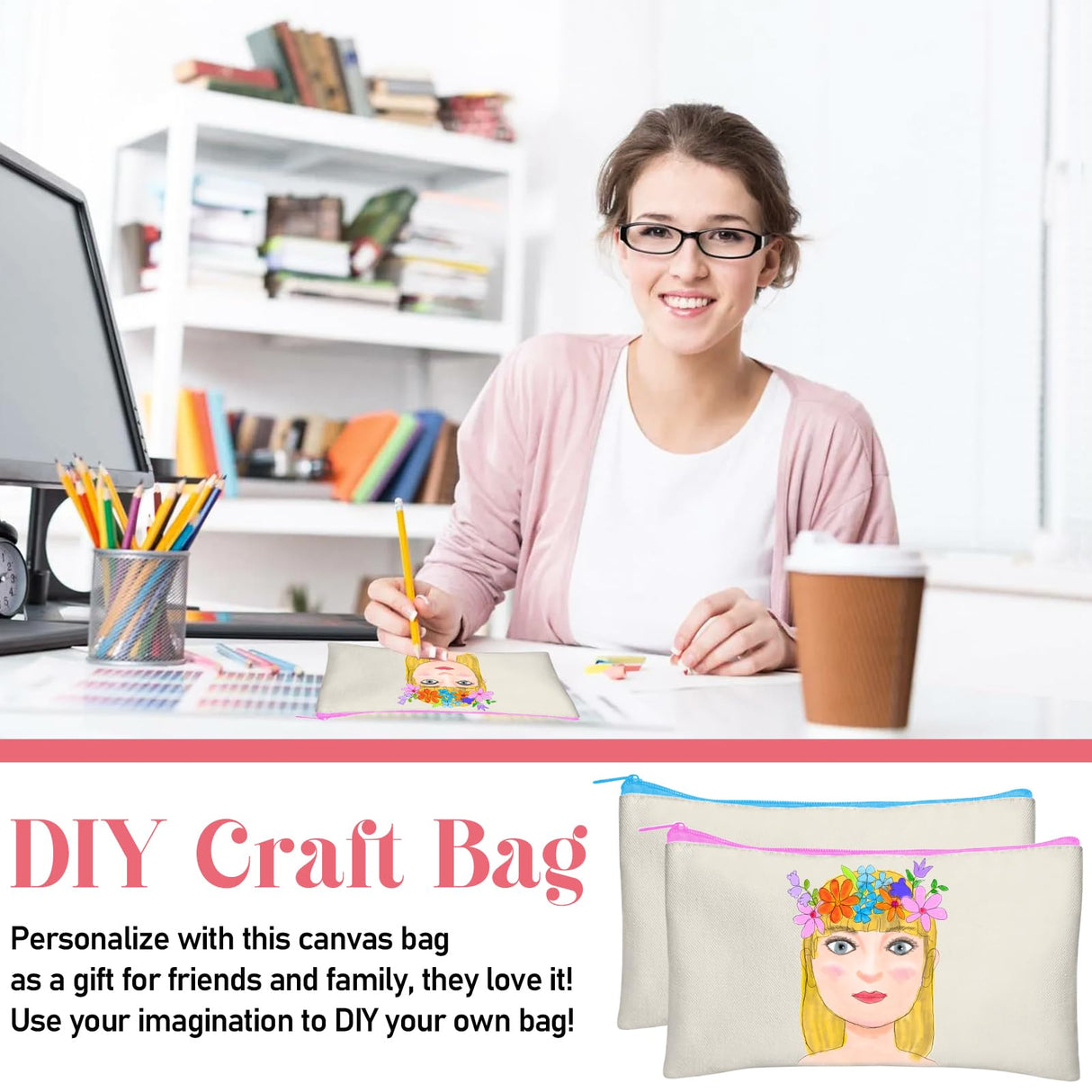 Legigo 12 Pack Blank DIY Craft Bag Canvas Pencil Case Blank Makeup Bags- Beige Canvas Pencil Pouch Bulk Canvas Cosmetic Bag Multi-Purpose Travel Toiletry Bag Canvas Color Zipper Bags 8.3 × 5 Inch Legigo