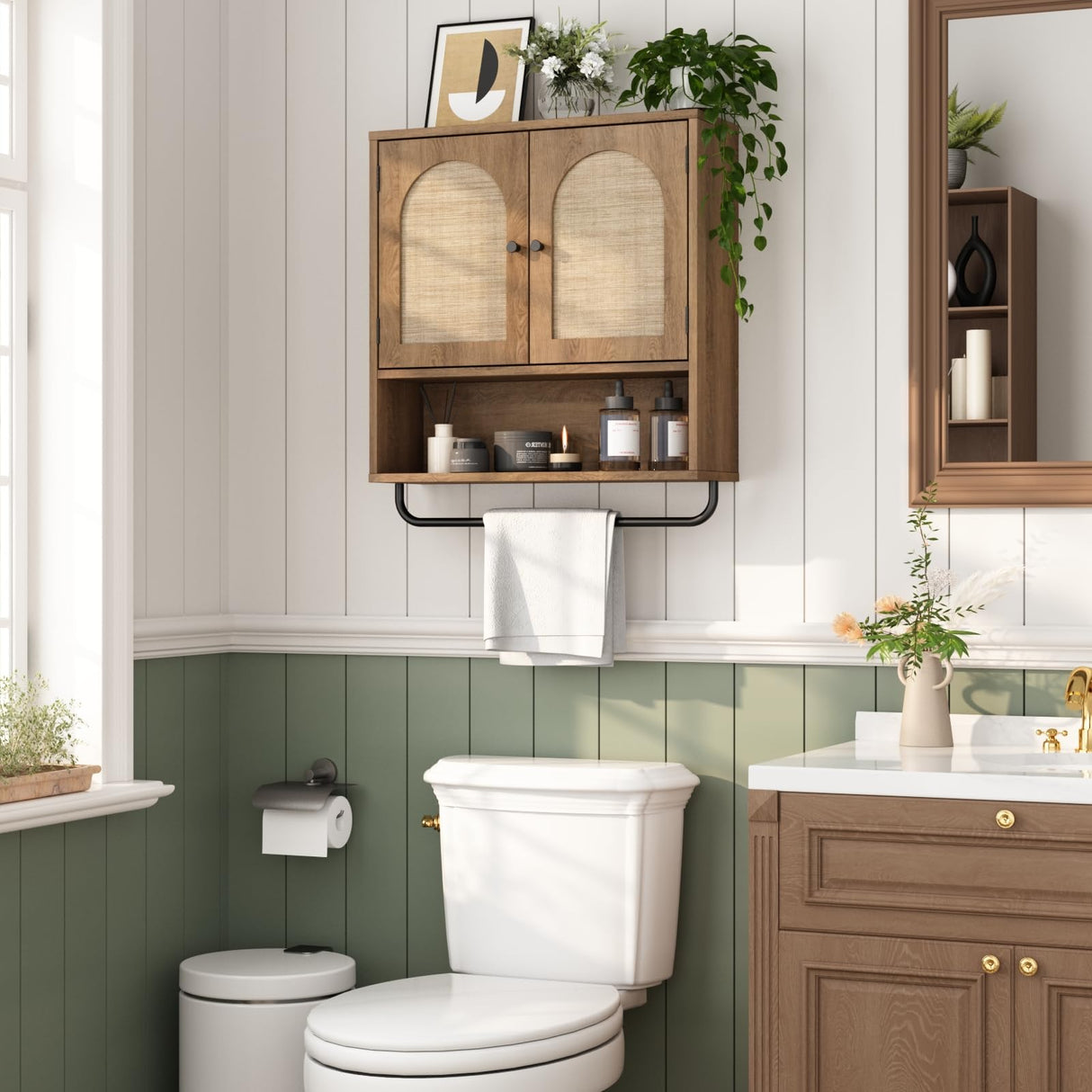 RUSTOWN Rattan Bathroom Wall Cabinet, Boho Medicine Cabinet with 2 Arched Doors, Farmhouse Over The Toilet Storage Cabinets with Adjustable Shelves & Towel Bar, 3-Tier Wall Mounted Cabinets RUSTOWN