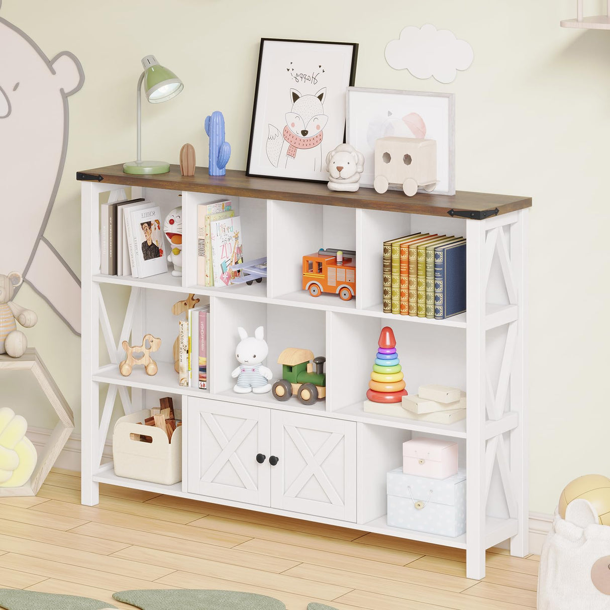 Halitaa Farmhouse Horizontal Bookcase, 11 Cube Storage Organizer Bookshelf, Wooden Open Cube Shelf Bookcase, 3 Tier Cube Display Bookshelves with Storage, Rustic White Halitaa