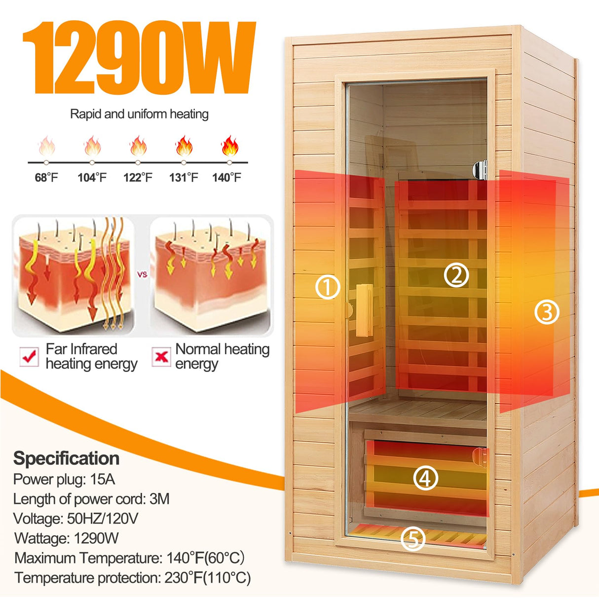 SALUSHEAT Far Infrared Sauna, 1 Person Infrared Sauna, Canadian Hemlock Wood 1290W Low-EMF Infrared Saunas for Home with Control Panel, Bluetooth Speakers, Reading Lamp SALUSHEAT