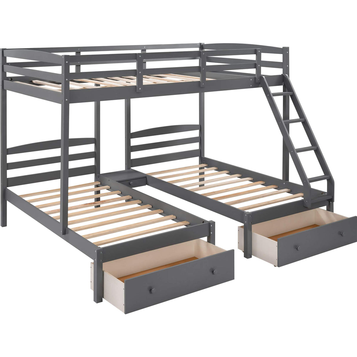 Triple Bunk Bed Full Over 2 Twin Bunk Bed for 3, Wood Triple Bunk Bed with 3 Drawers and Guardrails, 3 Bunk Bed for Teens, Kids, Boys, Girls, Teens, Adults No Box Spring Needed Flieks