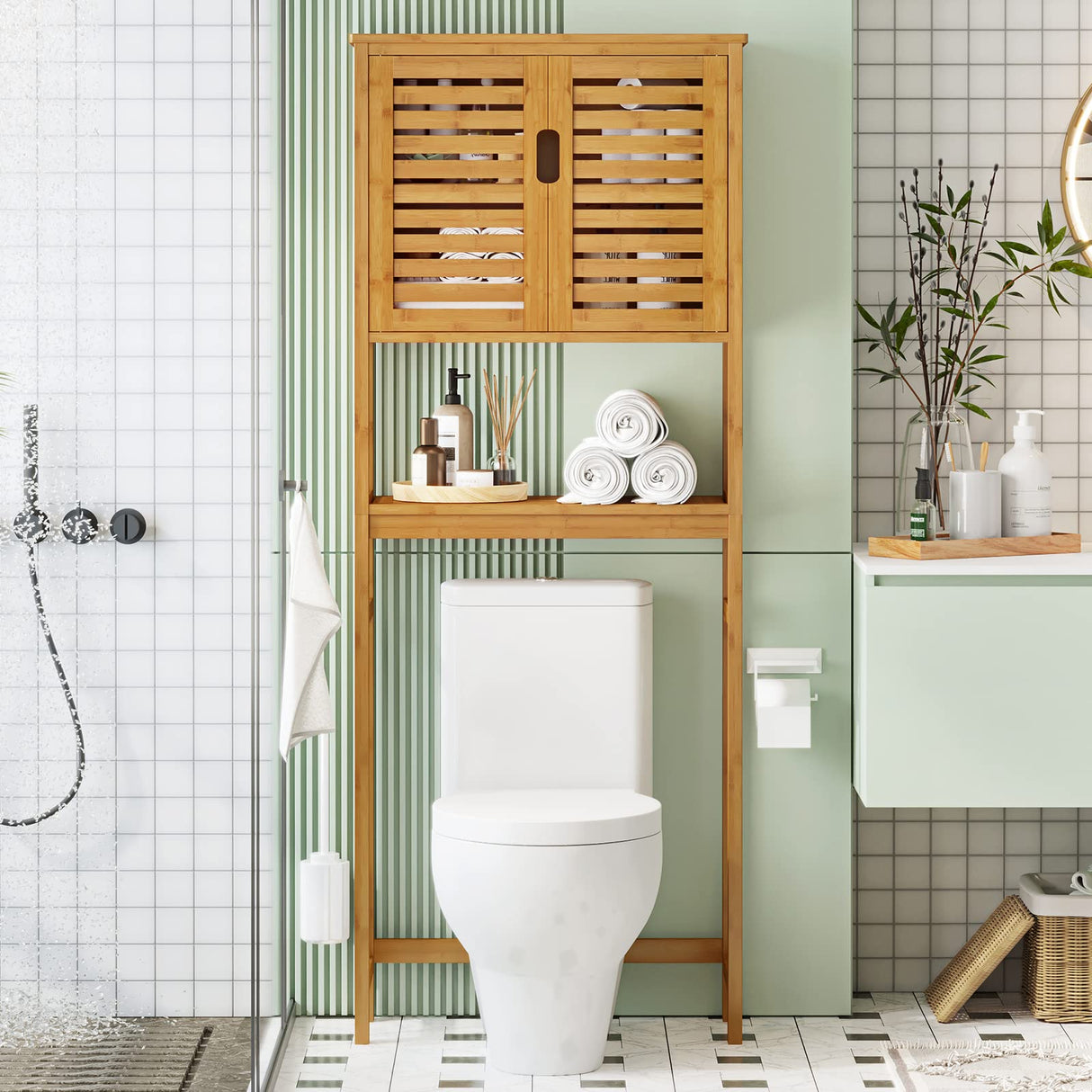 VIAGDO Natural Bamboo Over The Toilet Storage Cabinet with Adjustable Shelves and Doors VIAGDO