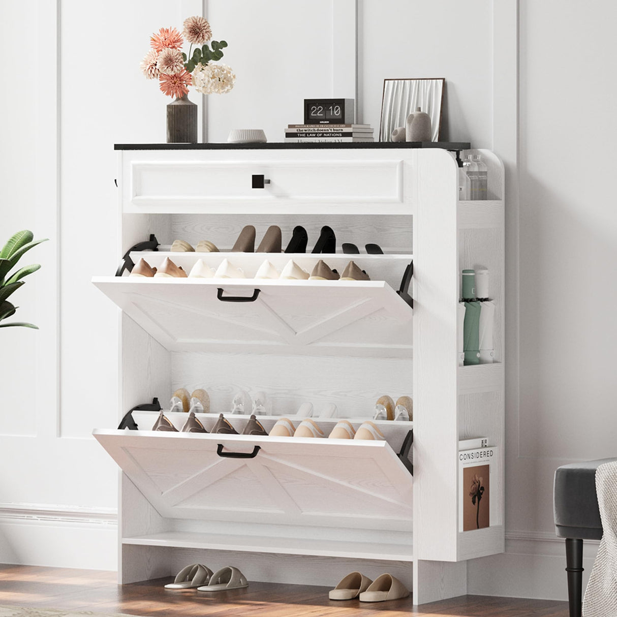 IRONCK Shoe Storage Cabinet with 2 Flip Drawers & Barn Door Design, Freestanding Shoe Cabinet Organizer with Drawer and Shelves for Entryway, Farmhouse Shoe Rack Cabinet, White/Black IRONCK