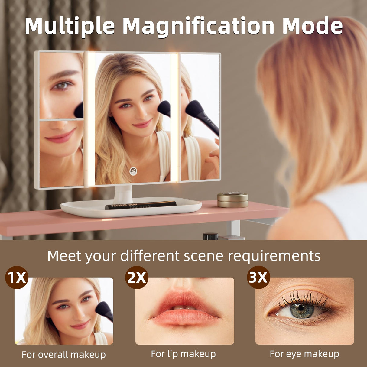 HIGDBFE Makeup Vanity Desk with Mirror and Lights, Small Vanity Table with Height-Adjustable Stand, 3 Fabric Drawers Vanity Desk for Girls Gifts, Bedroom and Small Spaces, 27.5'', White&Pink HIGDBFE