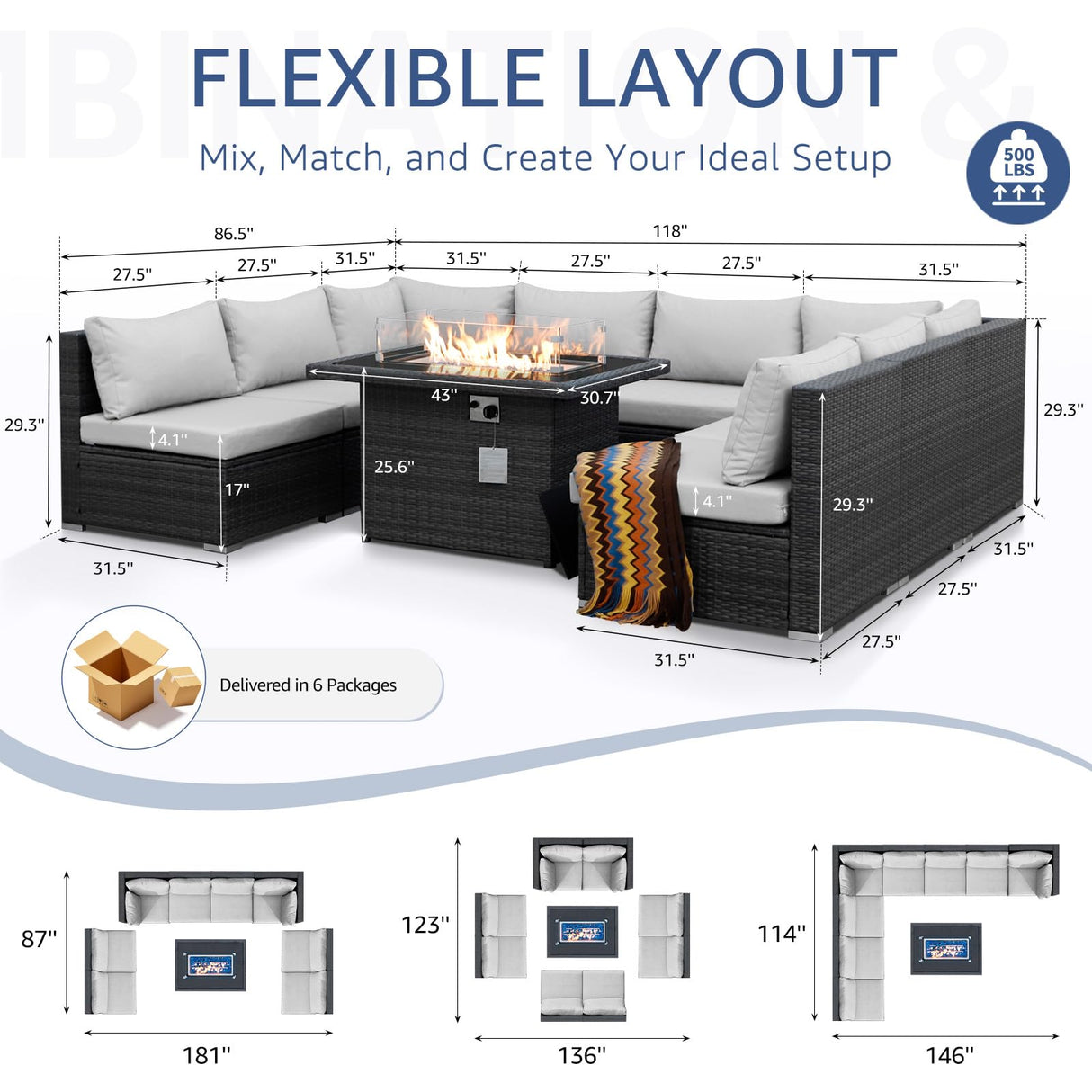NICESOUL 29.3'' High Back Outdoor Patio Furniture Set with Firepit Natural Gas & Propane, 9 Piece Extra Large Conversation Set with Fire Pit Table, Modern Deep Wide Modular Wicker Sofa Couches, Gray NICESOUL