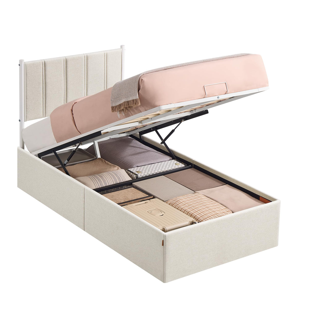 VASAGLE Lift Up Storage Bed Frame Twin Size, Hydraulic Platform Bed, with Upholstered Headboard, 550 lb Weight Capacity, No Box Spring Needed, Easy Assembly, Modern, Cappuccino Beige URMB603W01 VASAGLE