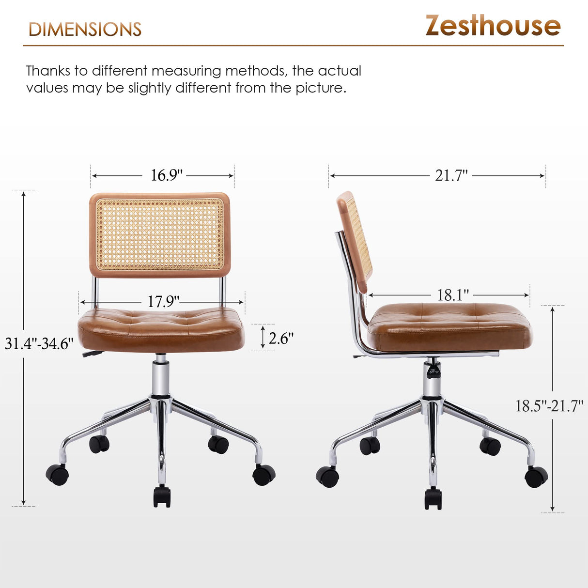 Zesthouse Mid Century Home Office Chair Leather Desk Chair with Rattan Back, Vanity Chair for Girls Women, Upholstered Swivel Chair, Adjustable Height Computer Task Chair Zesthouse