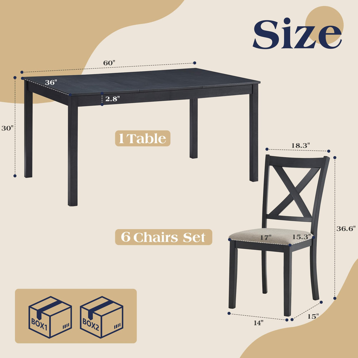 YUMPIE 7-Piece Farmhouse Dining Table Set for 6 People, 60" Wood Dining Kitchen Table & Chairs Set, Kitchen Table with 6 Upholstered Chairs, Perfect for Restaurant, Grey & White YUMPIE