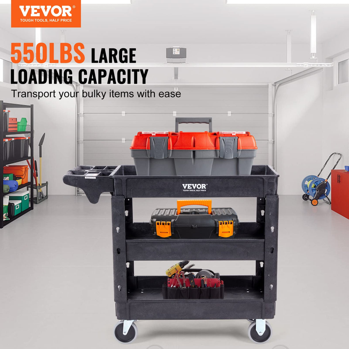 VEVOR Utility Service Cart,Heavy Duty 3 Shelf 550LBS Plastic Rolling Utility Cart with 360° Swivel Wheels (2 with Brakes), Medium Lipped Shelf, Ergonomic Storage Handle for Warehouse/Garage/Cleaning VEVOR