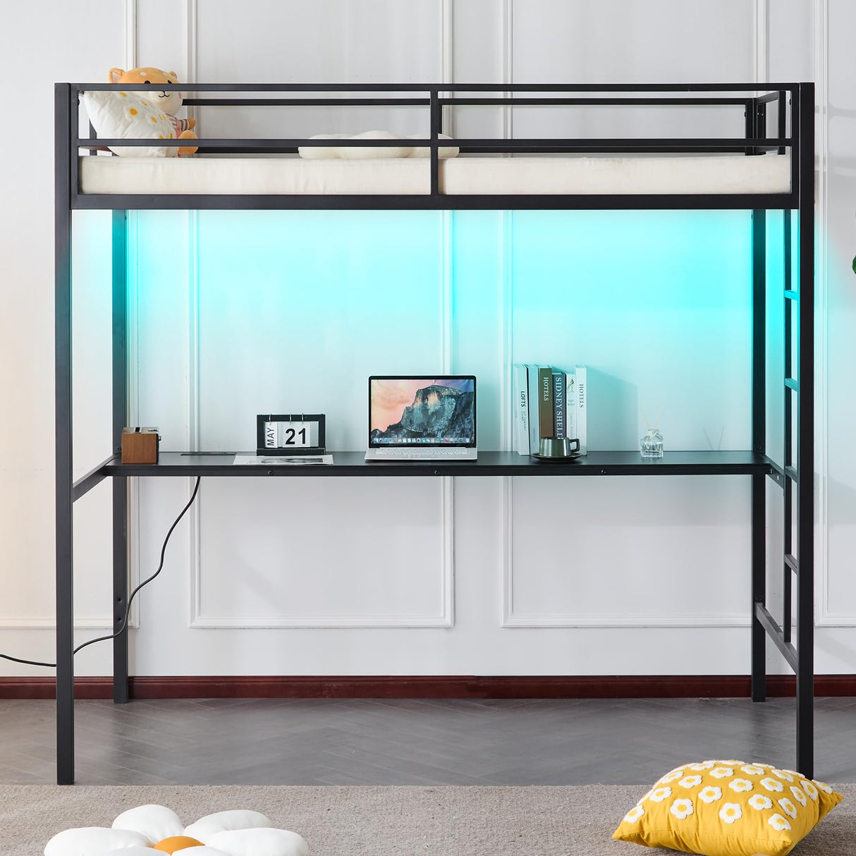 Karl home Twin Metal Loft Bed with Desk, with Power Outlet and LED Lighted, Safety Guardrail & Ladder, Space Saving, No Noise, No Box Spring Needed, Black Karl home