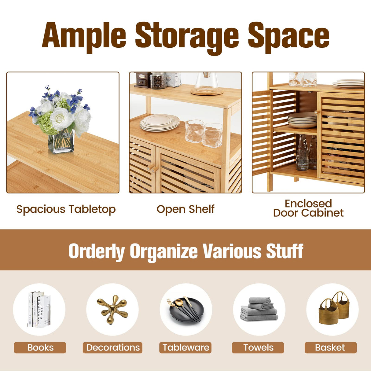 COSTWAY Bamboo Bathroom Cabinet, Freestanding Storage Cabinet Organizer with Louver Doors & Removable Shelf, Bathroom Floor Cabinet for Living Room, Kitchen, Entryway, Natural COSTWAY